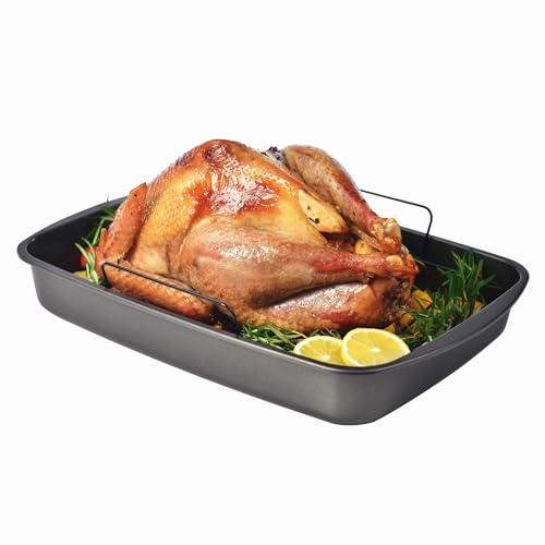 Bakeley Roasting Pan, Nonstick Roaster Pan with Rack, Turkey Roasting Pan with V Rack, 19 Inch x 13 Inch, Black