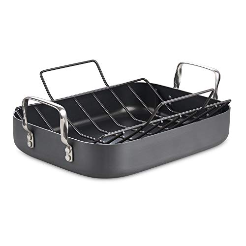 Cooks Standard Turkey Roasting Pan with Rack, Hard Anodized Nonstick 16-Inch x 12-Inch Chicken Ham Roaster Pan Multi-Use Grill Pan with Handles, Black