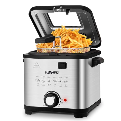 SUEWRITE Electric Deep Fryer, 1.5 Liters/1.6 Qt. Oil Capacity, Cool Touch Sides Easy to Clean, Deep Fryer with Basket for Home Use, Nonstick Basket