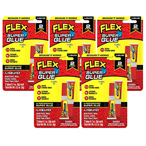 Flex Super Glue Liquid, (2) 3 Gram Tubes, 5-Pack, Clear, Instant Bond, Quick Dry, Cyanoacrylate Adhesive, Precision Tip for Wood, Metal, Plastic, Crafts, Ceramic, and Toy Repairs