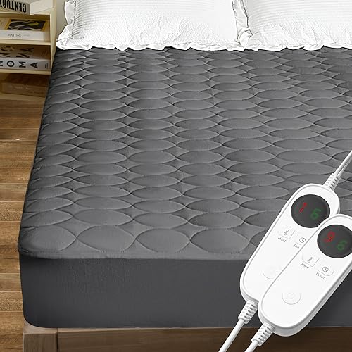 MASVIS Heated Mattress Pad King Size with Dual Control Water-Resistant Electric Mattress Pad Cover Bed Warmer with Deep Pocket, Machine Washable, Gray