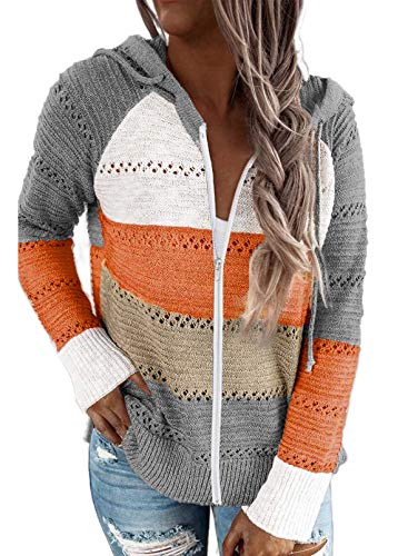 SHEWIN Womens Fall Fashion 2023 Stripes Color Block Lightweight Knit Sweater Long Sleeve Drawstring Zip Up Hoodies Jacket Casual Zipper Sweatshirts for Women Grey 2XL