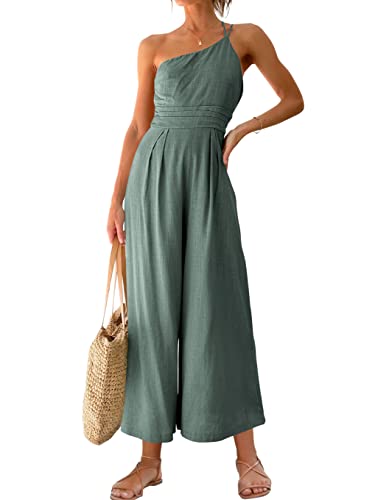 ANRABESS Women's Summer Straps One Shoulder Pleated High Waist Casual Wide Leg Jumpsuit Romper with Pockets 502shenhui-M