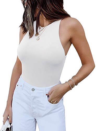 Womens Sexy Sleeveless High Neck Racer Back Halter Thong Bodysuits Leotard Tank Tops White X-Large