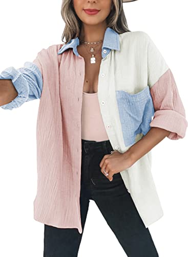 Dokotoo 2023 Fashion Spring Shirts for Women Color Block V Neck Collared Button Down Roll Up Long Sleeve Cozy Basic Casual Fashion Oversized Ladies Outerwear Tops Blouses Pink M