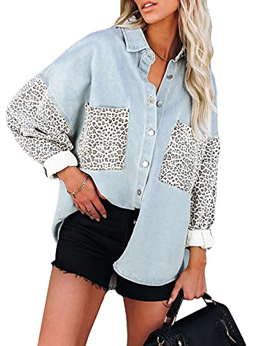 Dokotoo Womens 2023 Fashion Oversized Color Bock Leopard Contrast Denim Jacket Long Sleeve Button Up Pockets Shirts Ladies Loose Fit Shacket Tunic Blouse Tops Sky Blue 2XL