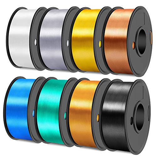 SUNLU 3D Printer Filament, 250G PLA Silk Filament Bundle, 1.75mm Smooth Silk Filament Muticolor, Neatly Wound Filament, 250G Spool, 8 Rolls, Black+White+Light Gold+Silver+Brass+Red Copper+Blue+Green