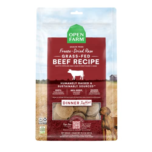 Open Farm Freeze Dried Raw Patties for Dogs, Humanely Raised Meat Recipe with Non-GMO Superfoods and No Artificial Flavors or Preservatives, Grass Fed Beef Recipe, 10.5oz