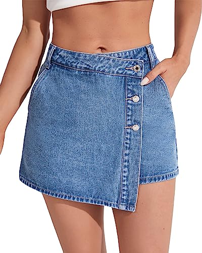 Flvsun Denim Shorts Women Casual High Waisted Solid Button Up Asymmetrical Denim Jean Skort Skirt Mini Shorts Mid Blue L