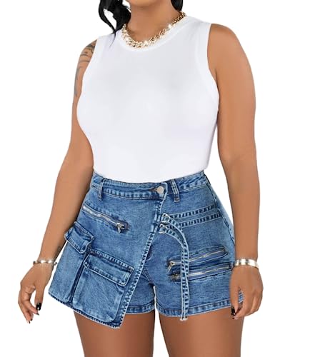 cu4eve Denim Skort for Women Asymmetrical Stretchy High Waisted Jean Shorts Cargo Mini Skirt with Pockets