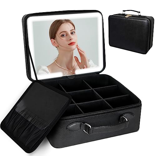 FASCINATE Makeup Bag with Light Up Mirror 3 Color Modes, Travel Cosmetic Makeup Case Organizer with Adjustable Dividers for Women, Portable Luxury Vegan Leather Train Case - Black