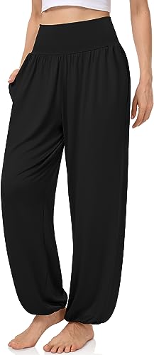 UEU Women's Harem Casual Loose Pants Yoga Sweatpants Flowy High Waisted Lounge Comfy Pajama Joggers with Pockets Black S