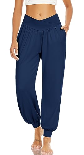 SUNYAA Womens Harem Pants High Waisted Casual Flowy Yoga Joggers Loose Comfy Lounge Pajamas Sweatpants with Pockets Navy XL