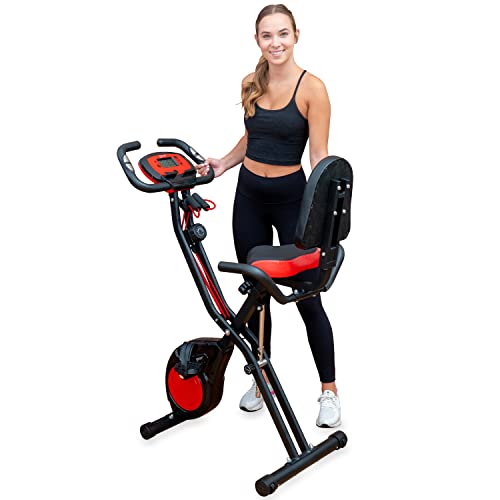 YYFITT 3-In-1 Folding Exercise Bike, Stationary Bikes for Home with Arm Workout Bands, Indoor Fitness Bike with 16 Levels Magnetic Resistance, Fully Support Back Pad and Phone/Tablet Holder, 2-in-1 Bike Frame