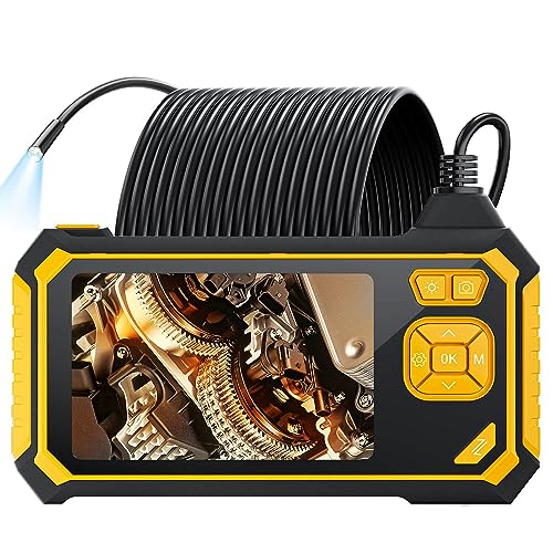 Industrial Endoscope, SKYBASIC 5.5mm HD Borescope Snake Camera with 32GB Card, IP67 Waterproof Handheld Pipe Sewer Inspection Camera 4.3'' LCD Screen, 6 LED Lights, 33FT Semi-Rigid Cable (Yellow)