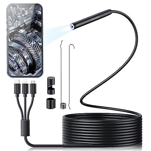 Endoscope Camera with Light, 1920P HD Borescope with 6 LED Lights, 3 in 1 Snake Camera, IP67 Waterproof 16.4FT Semi-Rigid Cord for Pipe Inspection, 7.9mm Industrial Endoscope for Android and iOS