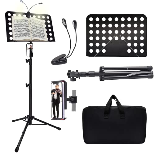 Sheet Music Stand with Light & Phone Holder, 57" Music Stand for Sheet Music High Stability, Height Adjustable Music Sheet Stand with Carrying Bag, Portable Music Book Holder