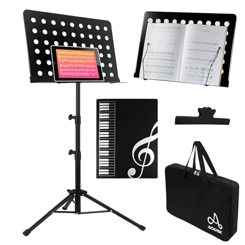 AODSK Sheet Music Stand,Full Metal,19x14inches,Desktop Book Stand with Portable Carrying Bag,Clip Holder, 2 in 1 Music Book Stand