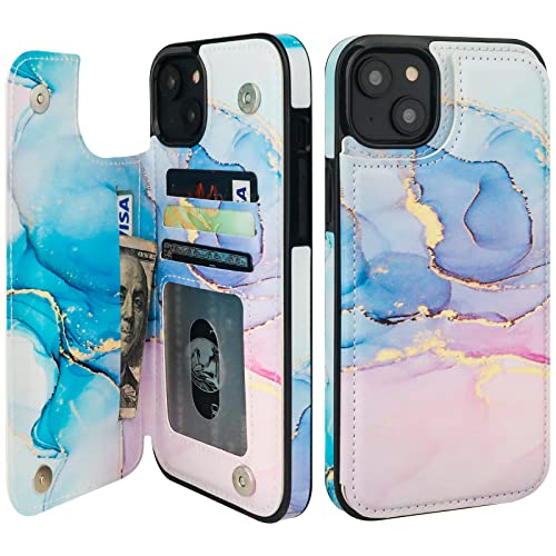 HAOPINSH for iPhone 14 Plus Wallet Case with Card Holder, Pink Blue Marble Pattern Back Flip Folio PU Leather Kickstand Card Slots Case for Women Girls, Double Magnetic Clasp Shockproof Cover 6.7"