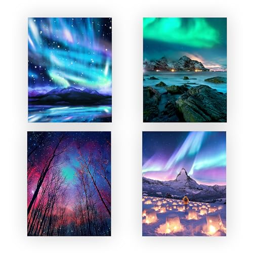 Northern Lights Sky Show Set with Aurora Borealis(4)- Scenic Wall Art Decor, Inspiring Wall Art Print For Nature Lover, Elegant Gift For Home Decor, Living Space Decor, Bedroom Decor. Unframed-8x10"