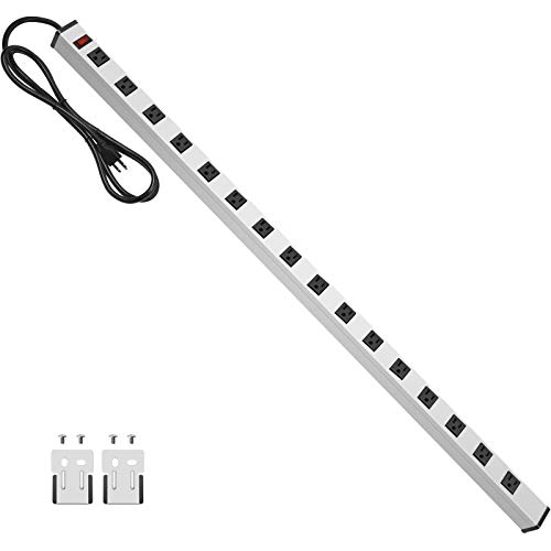 JUNNUJ Long Metal 16 Outlet Power Strip, Wide Spaced Garage Industrial Heavy Duty Power Strip with 6 FT Cord 15A, 125V, 1875W-Silver