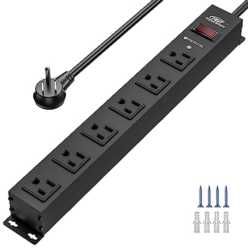 CRST 6 Outlet Heavy Duty Power Strip with Switch, 15A/1875W Metal Mountable Power Strip Surge Protector 2100Joules, Wide Spaced Power Bar for Garage Worshop Home School, 6 FT Cord