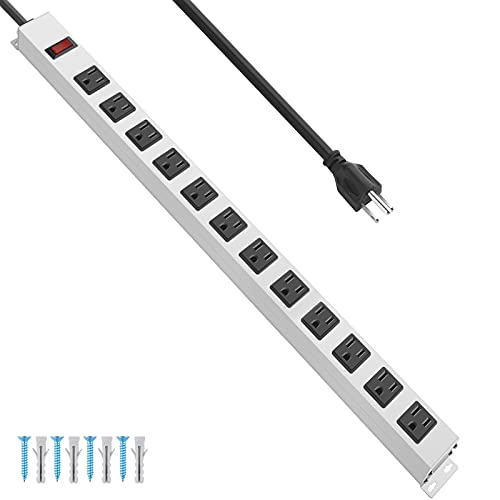 JUNNUJ Metal 12 Outlet Power Strip, Mountable Heavy Duty Power Strip, 1200J Surge Protector Wall Mount Screws Outlet with Switch, Gaming Desk Strips Wide Spaced 15A 125V 1875W, 6 FT 14AWG Power Cord