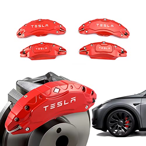 Caliper Covers Set of 4 Compatible with Tesla Model Y Accessories, 2020-2023 19 20 Inch Wheel Hub Front and Rear Brake Caliper CoversFit For Tesla Model Y Red Brake Caliper (Not Fit Tesla Model 3)