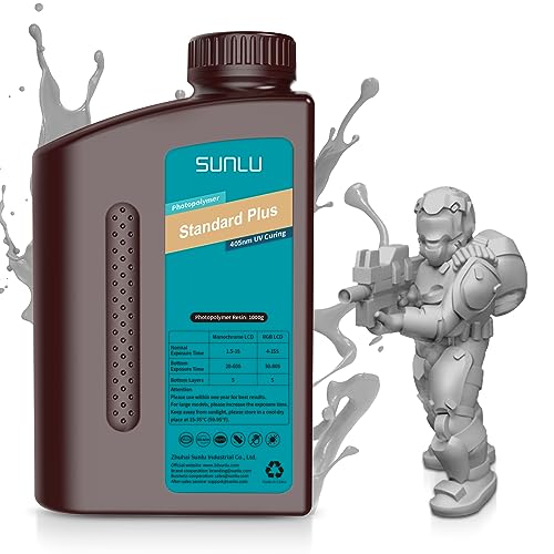 SUNLU 3D Printer Resin, Upgraded Standard Plus Fast Curing 3D Resin, 395 to 405nm UV Curing 3D Printing Liquid Photopolymer Resin, Higher Precision, Stronger Toughness, Standard Plus Resin 1000g, Grey