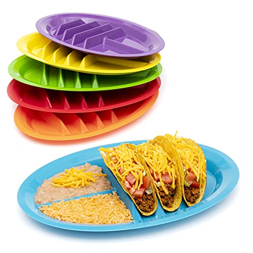 Jarratt Industries Fiesta Serving Plates/Trays Set with Stand Up Holder for Soft and Hard Shell Tacos, Plastic, Use for Taco Nights and Bar, Microwave Safe, Set of 6