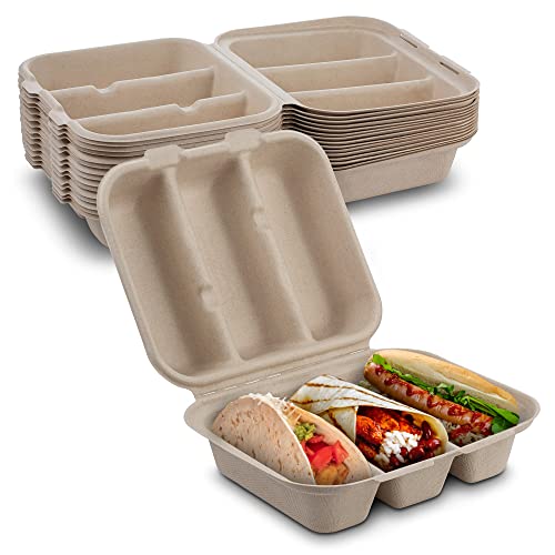 MT Products Taco Container - 15 Pieces Disposable Pulp Fiber 3 Compartment Taco Holder with Lid - Size 8 x 7 x 3" Keeps Taco Upright - Made in The USA