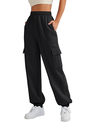 AUTOMET Womens Cargo Sweatpants Cinch Bottom Lounge Baggy Cotton Pants Joggers High Waist Fall Athletic Pant with Pockets Black