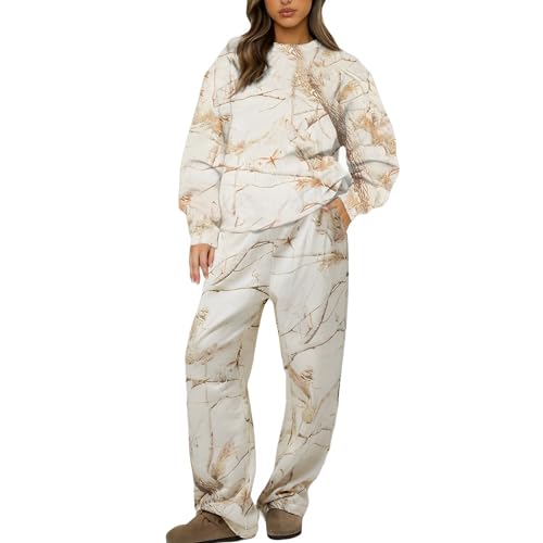 Camo Sweatsuits for Women Set 2 Piece Long Sleeve Pine Print Camo Hoodie & Wide Leg Camo Sweatpant Plus Size Two Piece Fall Outfits Casual Matching Lounge Sets Y2K Oversized Tracksuit