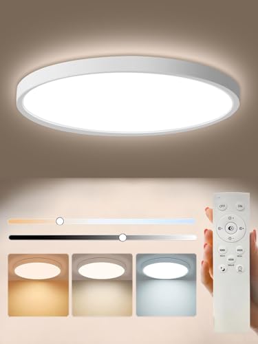 HELIOTION LED Fulsh Mount Ceiling Light with Remote Control,11.8Inch 24W,3000K-6000K Dimmable Wired,Modern Ultra-Thin Ceiling Lamp with Nightling for Bedroom Laundry Basement White