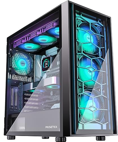 MUSETEX ATX PC Case 4 PWM ARGB Fans Pre-Installed, Mid Tower Gaming PC Case, Double Tempered Glass Tower Computer Case, USB 3.0 x 2, Black, G08