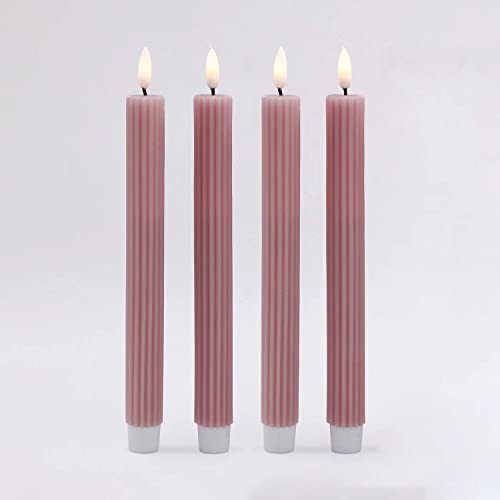 Real Wax LED Taper Candles, Most Realistic 10 Inches Pink Striped Flameless Candlesticks, with 3D Flickering Flame for Wedding/Home Decorations