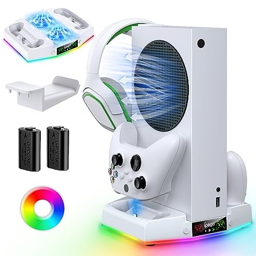 RGB Cooling Stand & Charging Station for Xbox Series S with RGB Light, MENEEA Cooler Fan for Console & Fast Charger for Controller, Accessories with 2 * 1400mAh Rechargeable Batteries, Headphone Hook