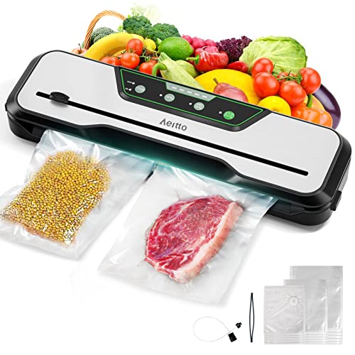 Automatic Food Vacuum Sealer Machine | Aeitto 80KPa 8-In-1 Food Vacuum Saver with Starter Kits | 15 Bags, Pulse Function, Moist&Dry Mode and External VAC for Jars and Containers