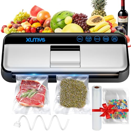 Vacuum Sealer Machine,Full Automatic Food Vacuum Sealer (95KPA), 8 in 1 Sealers Vacuum with 5Sealer Bag 1Roll Bags Set,Air Sealing System for Dry/Moist/Seal External Vac Cans/Bags,LED Indicator Lights