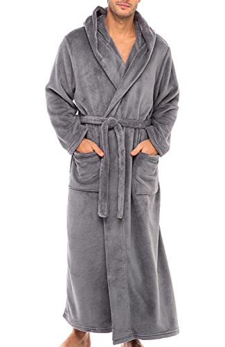 Alexander Del Rossa Mens Robe, Plush Fleece Hooded Bathrobe with Two Large Front Pockets and Tie Closure, Steel Gray, 1X-2X