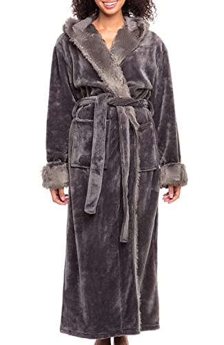 Alexander Del Rossa Womens Robe, Warm Fleece Hooded Bathrobe with Two Large Front Pockets and Tie Closure, Steel Gray with Faux Fur, Small-Medium