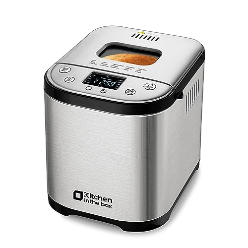 Kitchen in the box Bread Maker Machine with Gluten-Free Setting, 2LB 1.5LB 1LB Automatic Breadmaker with Homemade Cycle, 15-in-1 Stainless Steel Bread Maker with Recipes-Silver