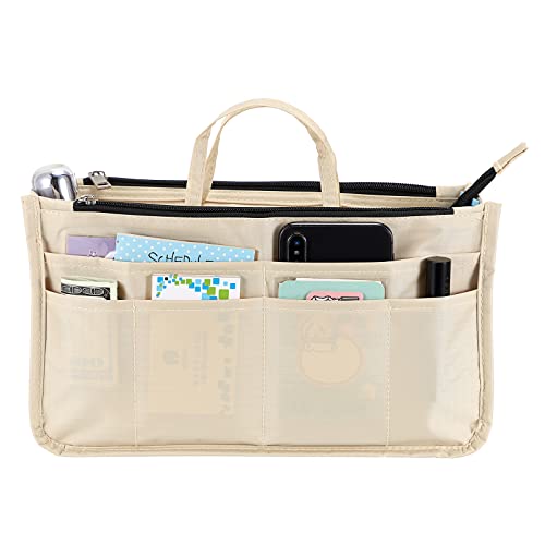 BTSKY Printing Handbag Organizers Inside Purse Insert - High Capacity 13 Pockets Bag Tote Organizer with Handle Beige