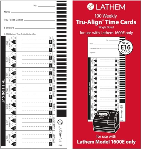 Lathem TruAlign E16 Time Cards for 1600E, Weekly, 1-Sided, 4" x 9", White, Box of 100