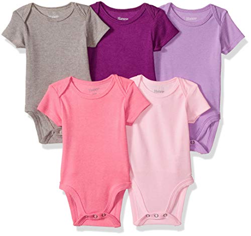 Hanes Baby Bodysuits, Ultimate Flexy Short Sleeve for Boys & Girls, 5-Pack, Purple/Pink/Grey, 6-12 Months