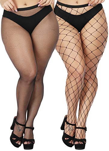 TGD Women's Fishnet Stockings Sexy Tights Pantyhose Net Plus Size Thigh High Stocking 2*Pairs(Big-Small-Plus size)