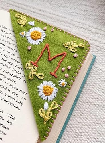 Personalized Hand Embroidered Corner Bookmark, Hand Stitched Felt Corner Letter Bookmark, Felt Triangle Bookmark, Cute Flower Letter Embroidery Bookmarks for Book Lovers