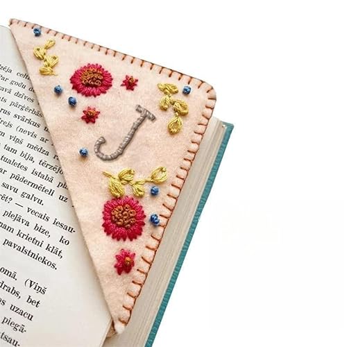 Personalized Hand Embroidered Corner Bookmark,Felt Triangle Page Stitched Corner Handmade Bookmark,Unique Cute Flower Letter Embroidery Bookmarks Accessories for Book Lovers (Fall,J)