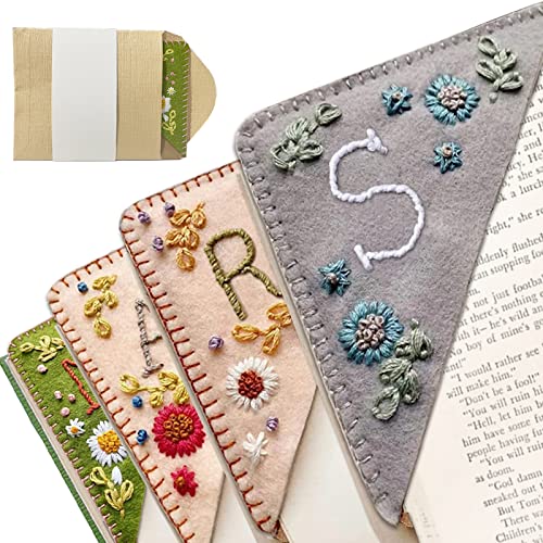 26 Letters Personalized Hand Embroidered Corner Bookmark Cute Flower Embroidery Corner Book Marker Handmade Stitched Felt Triangle Corner for Book Reading Lovers Gift (S, Winter)