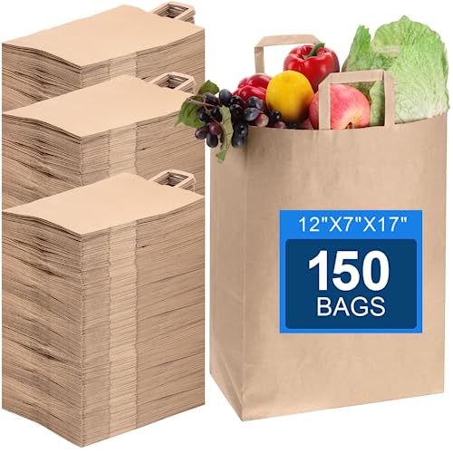 Fuutreo 150 Pcs Paper Grocery Bags with Handles 12"x7"x17" Kraft Brown Paper Grocery Bags Shopping Bags 70 Lb Heavy Duty Large Paper Bags Retail Bags Bulk Paper Barrel Sack Bags Takeout Gift Bag